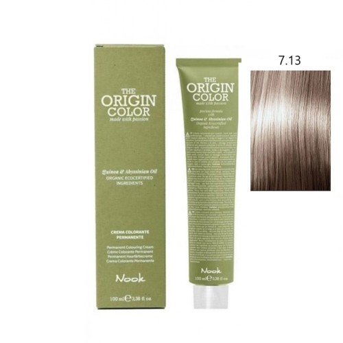 Vopsea permanenta cu amoniac fara PPD si fara Resorcinol, Nook Origin Color blond mediu cenusiu auriu 7.13 100ml