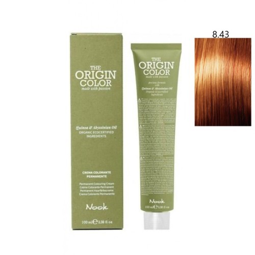 Vopsea permanenta cu amoniac fara PPD si fara Resorcinol, Nook Origin Color blond deschis aramiu auriu 8.43 100ml